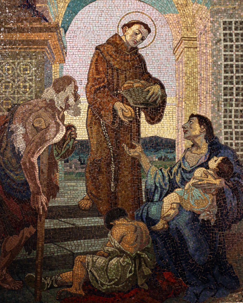 Mosaic of St. Anthony of Padua handing out bread to the poor.